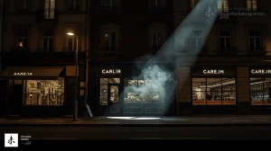 AI SEO service for small business — cinematic scene showing a small shop hidden in dark urban fog on the left, then dramatically revealed by a golden spotlight on the right, symbolizing the journey from digital invisibility to page 1 visibility.